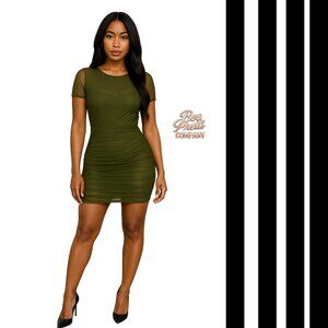 Olive Green Ruched Bodycon Mini Dress Sheer Mesh Sleeves Cutout Back